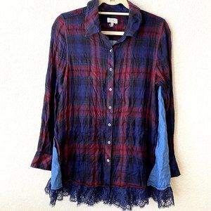 Logo by Lori Goldstein Womens Button Front Plaid Lace Trim Shirt Size 8 Flawed